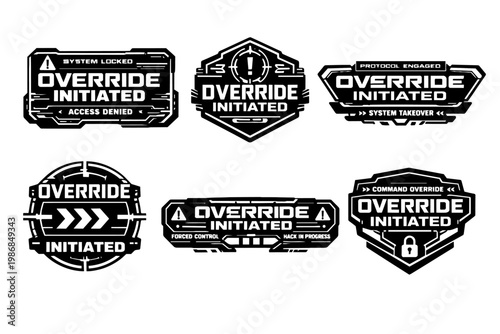 Override initiated interface elements, hacking system takeover, and cyber security breach alert vector badges