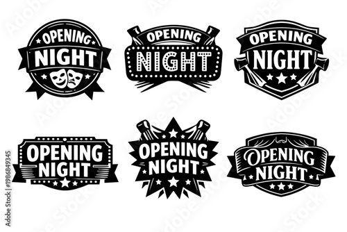 Opening night various badges and labels collection for theater, premiere, performance, and show business events