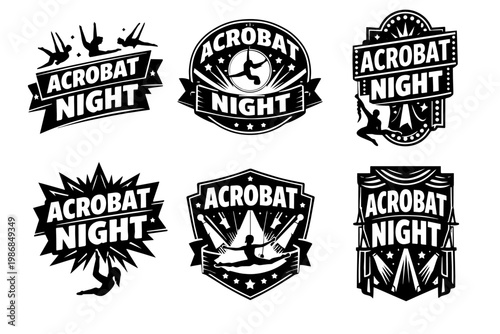 Acrobat night various logotypes showcasing gymnastic and circus performance, featuring performers, stars, and spotlight design concepts