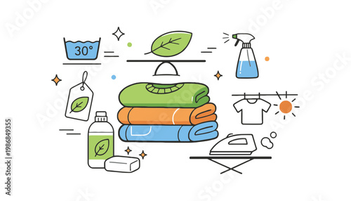 Laundry eco friendly icon illustration with green leaf and cleaning products