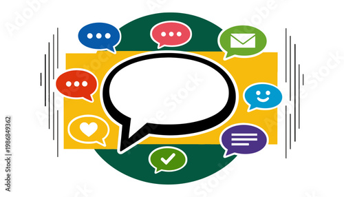 A colorful speech bubble icon with various chat symbols around it