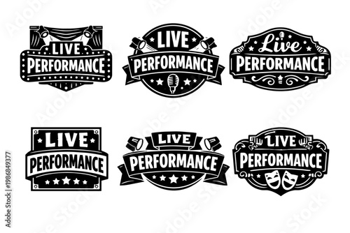 Live performance vector badges collection with spotlights, microphone, curtains, and comedy tragedy masks for event promotion