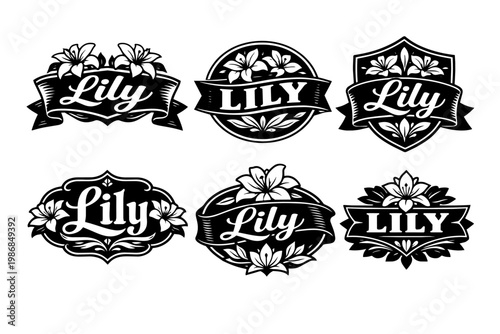 Lily flowers emblem collection featuring vintage botanical design, floral badges, and elegant ornament labels