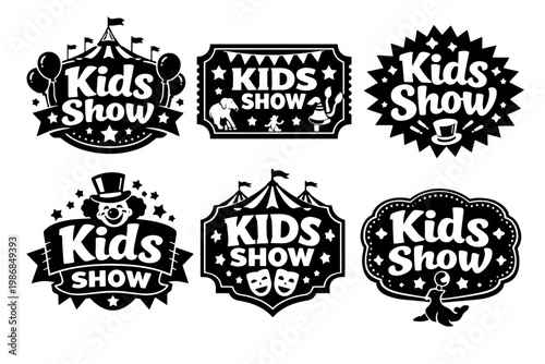 Engaging kids show labels collection featuring circus, clown, magic, and animal entertainment concepts