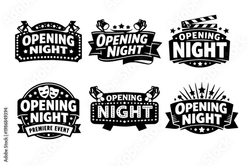 Opening night premiere event, theater and cinema vector emblems, showtime and entertainment logos set