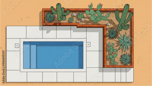 A vector 2D CAD design of a backyard oasis featuring a swimming pool surrounded by a garden with cacti and succulents.