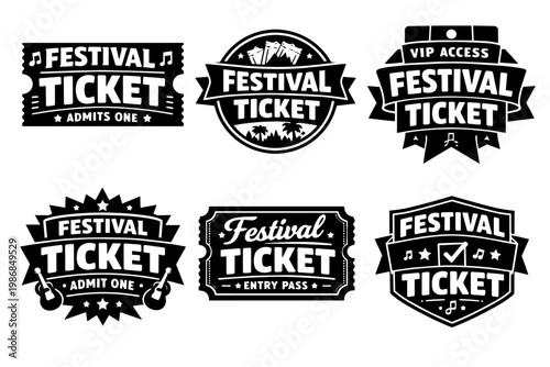 Collection of festival ticket designs, featuring admission passes, music event badges, and vintage entry labels