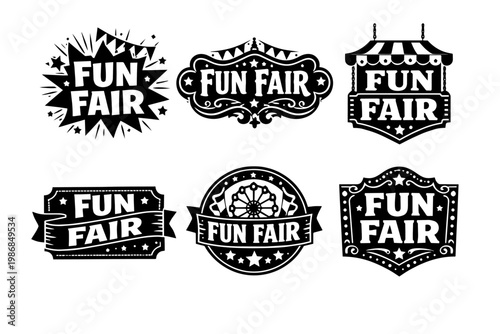 Fun fair carnival event sign collection including vintage circus style badges, banners, and decorative labels