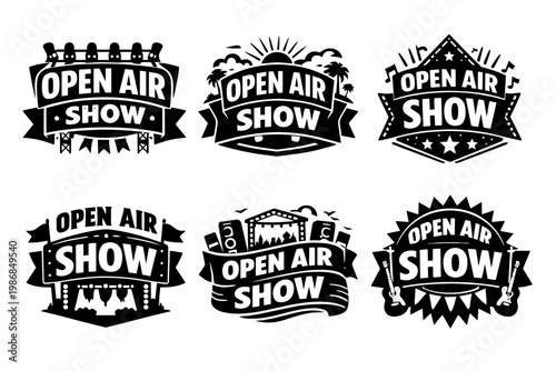 Open air show and music festival logos. Vector badges for outdoor concerts, performance, and entertainment events