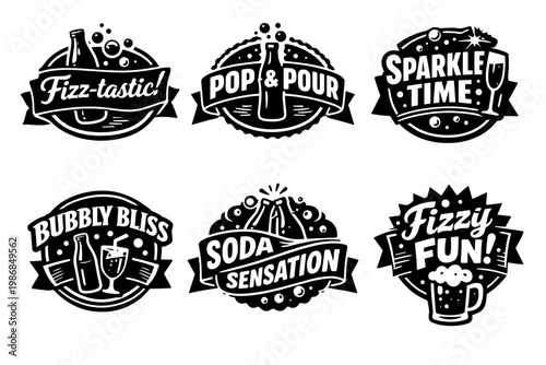 Carbonated drink badges featuring bottles, glasses, and bubbles. Perfect for soda, champagne, or sparkling water branding and labels