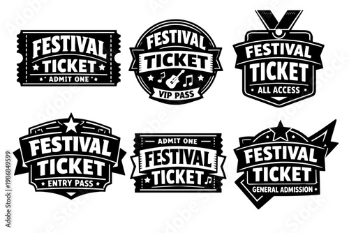 Festival tickets set creating passes for music concerts, live shows, and special events with various admission badges