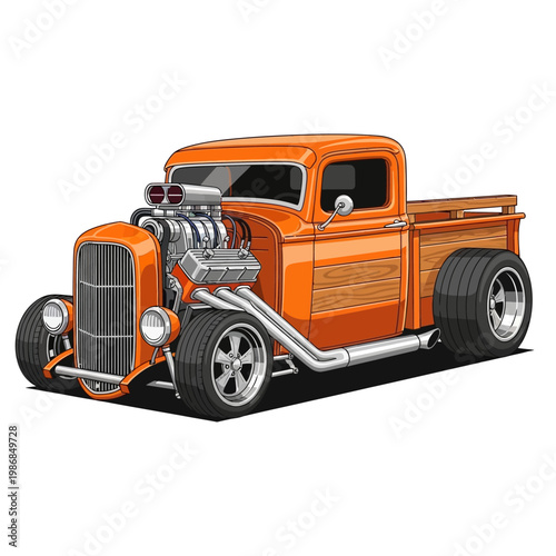 Vintage Orange Hot Rod Pickup Truck with Wood Bed, Custom Classic American Muscle Car