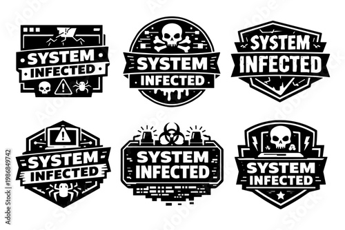 Set of system infected warnings with skulls, biohazard symbols, spiders, and broken screens representing cyber threats