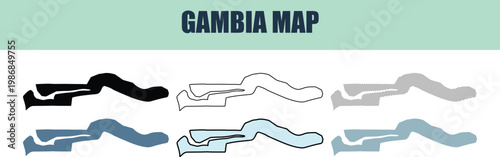 Gambia country outline maps in multiple color styles and fill patterns for design projects