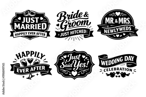 Wedding badges and labels collection with calligraphy styling and vintage frames for married couples and events