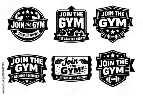 Gym logo designs featuring various badges and emblems with fitness equipment and text encouraging membership
