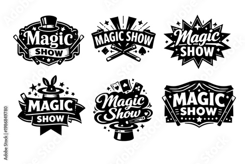 Magic show emblem set featuring top hats, rabbits, playing cards, and wands for illusionist and circus designs
