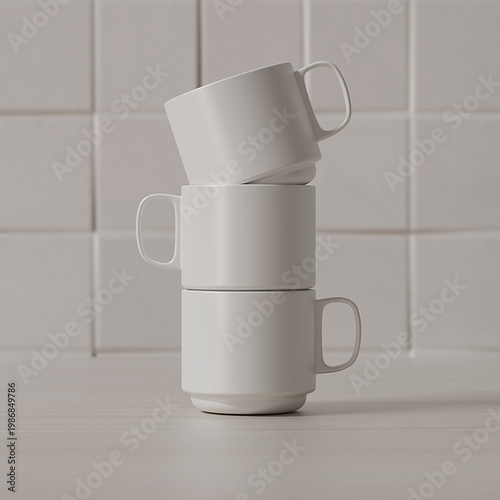 Stackable porcelain cups mockup. 3D rendering