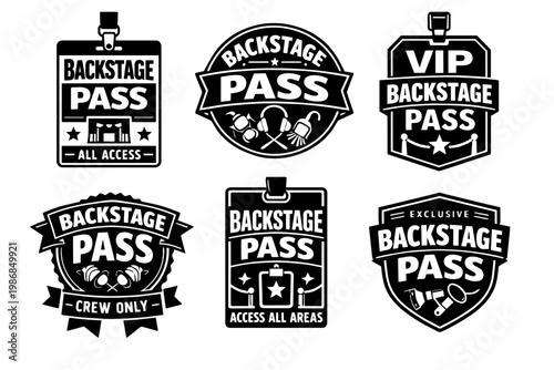 Backstage pass badges with various designs allowing vip access, crew entry, and all-areas permission for concerts and events