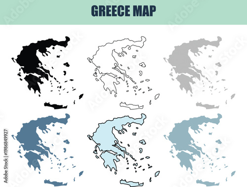 Greece map variations with different styles and fills on a clean white background