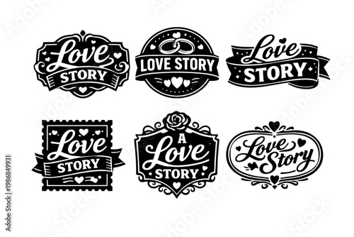 Love story concept featuring various badges, labels, and logos, incorporating hearts, calligraphy, and wedding symbols