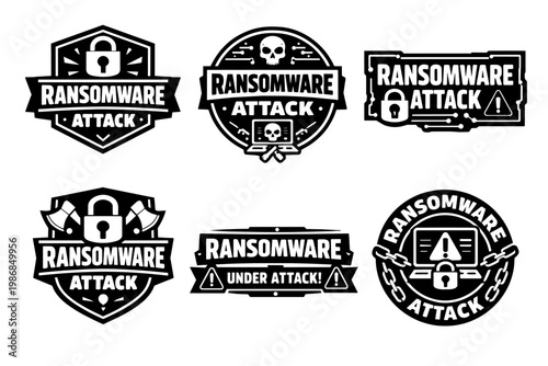Ransomware attack concept logos representing data security threats with locked systems and warning signs