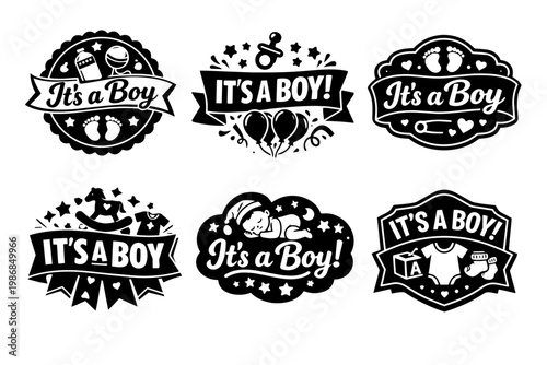 Collection of it's a boy! gender reveal baby shower labels with baby accessories and celebratory elements