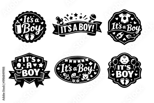 It's a boy set of baby gender reveal announcements, badges, and labels for infant arrival celebration