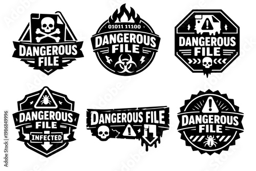 Dangerous file warning labels set indicating cyber security threats, malware, virus, and digital hazards