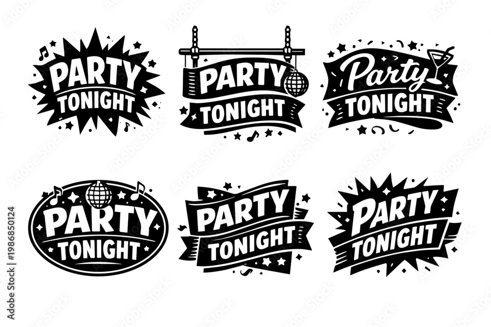 Fototapeta premium Party tonight labels collection, black typography on white background for club event banners and flyers
