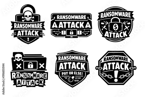 Ransomware attack warning shields and badges vector set, communicating cyber security digital threats and data breaches