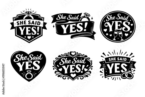 She said yes badges collection celebrating engagement, marriage proposal, and wedding events with diamond rings and hearts