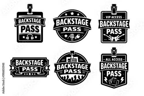 Backstage pass access vector icons set for music events, concerts, vip areas, or exclusive staff entry