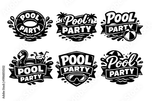 Pool party emblems set creating summery event branding, featuring various designs with fun elements and splash effects
