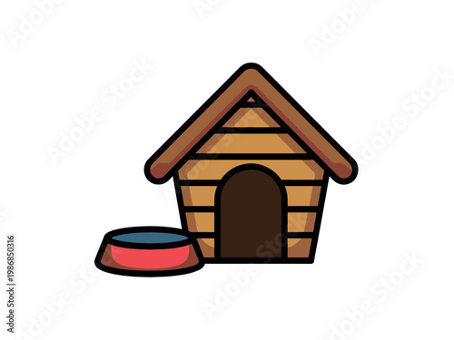 A cartoon doghouse with a bowl in front of it on a white background