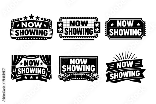 Now showing signs and cinema banners vector set, movie premiere and film festival tickets with retro marquee design
