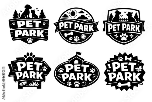 Pet park logos offering designs with silhouettes of dogs, cats, paw prints, and pet objects for animal-friendly facilities