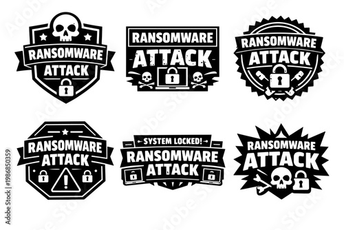 Ransomware attack vector line art set showing digital security threats, cybercrime, malware, and system lock concepts