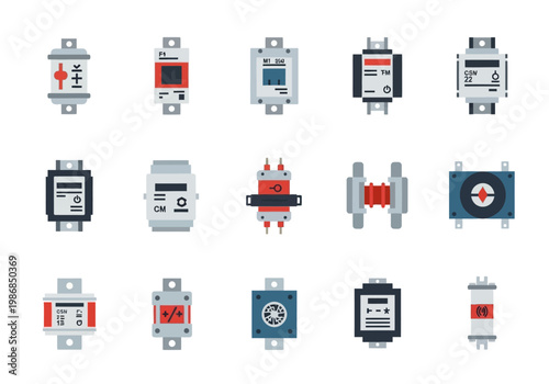 Various electrical fuses and circuit breakers are displayed on a surface.