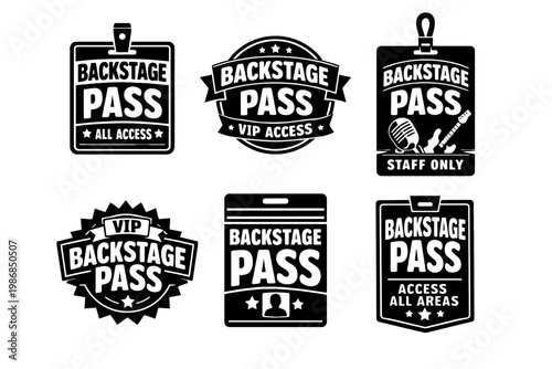 Backstage pass badges and labels for vip access, staff, and all area entry at concerts and music events