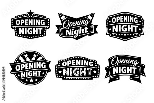 Opening night badges featuring vintage marquee lights, stars, and ribbons for theatre, cinema, and premiere events