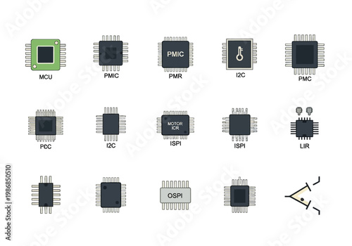 Electronic components are arranged on a white surface for inspection and comparison.
