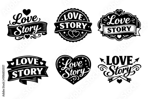 Love story emblems and badges collection for wedding invitations, valentine's day designs, and romantic declarations