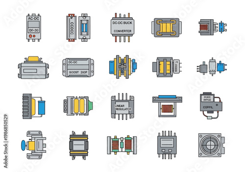 The illustration shows various industrial technology equipment components and machinery parts.