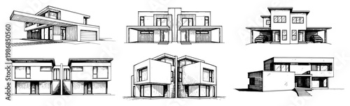Collection of contemporary modular houses and villas in architectural sketch style