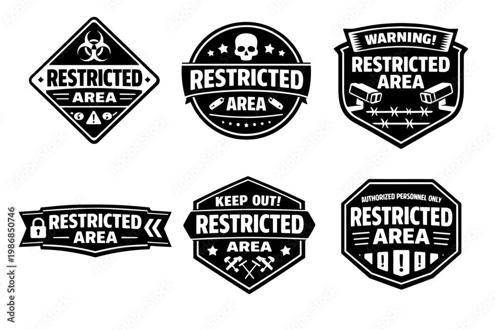 Obraz premium Restricted area signs set with various security and warning symbols including biohazard, skull, cameras and barbed wire