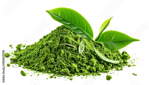 A vibrant green powder heap with leaves on top