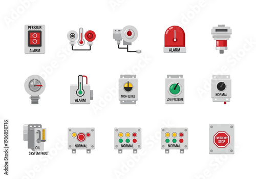 Industrial control panels display various buttons, indicators, and alarms in a factory setting with machinery.