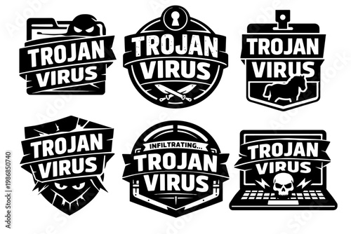 Trojan virus security badges and labels set for cybersecurity, malware, hacking, and digital threat concepts