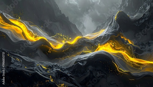 Dynamic landscape with dark, rocky hills illuminated by flowing golden light under a dramatic, cloudy sky